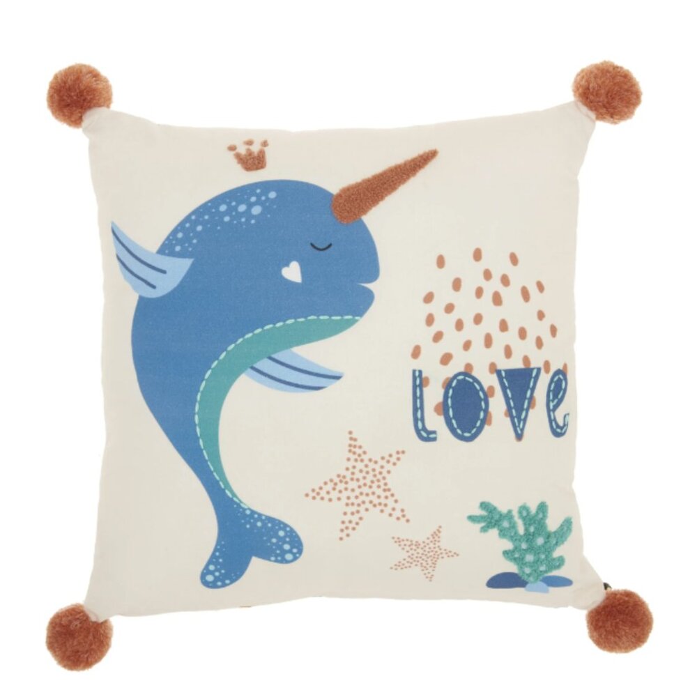 Mina Victory Plush 16" Square Cotton Unicorn Whale Throw Pillow in Multi-Color